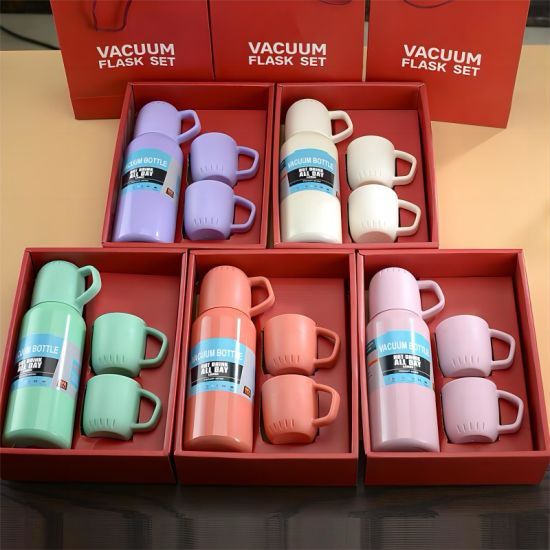 New Shape Vacuum Flask Stainless Steel Bottle With 2 Cups And Gift Box 550 Ml (random Color)